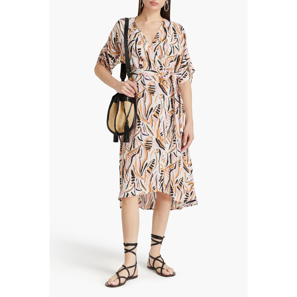 BA&SH Womens Baby Pink Tabb Printed Crepe Midi Wrap Robe Tabby Dress Size Medium